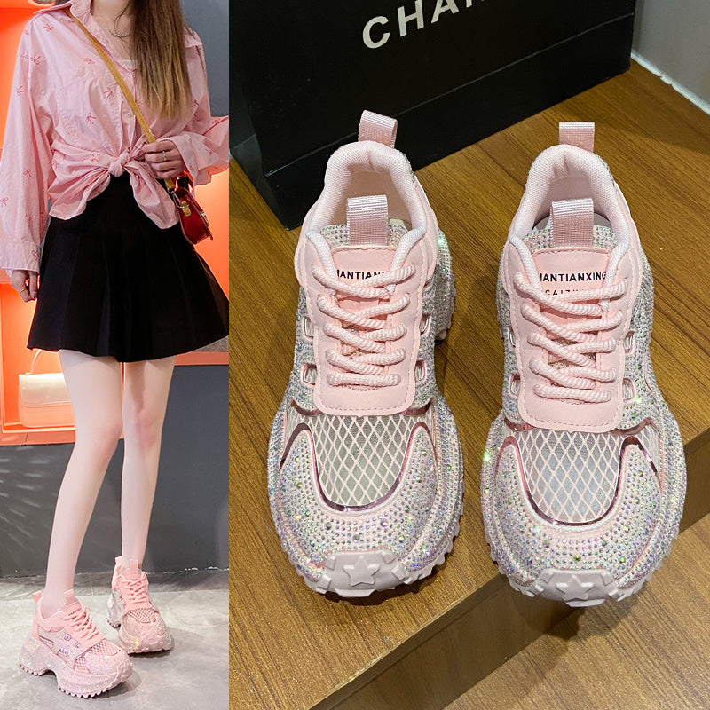 TIANXIU Women’s Chunky Platform Sneakers – Yellow Glitter Sneakers with Rhinestone Accents, Green Trim & Thick White Sole