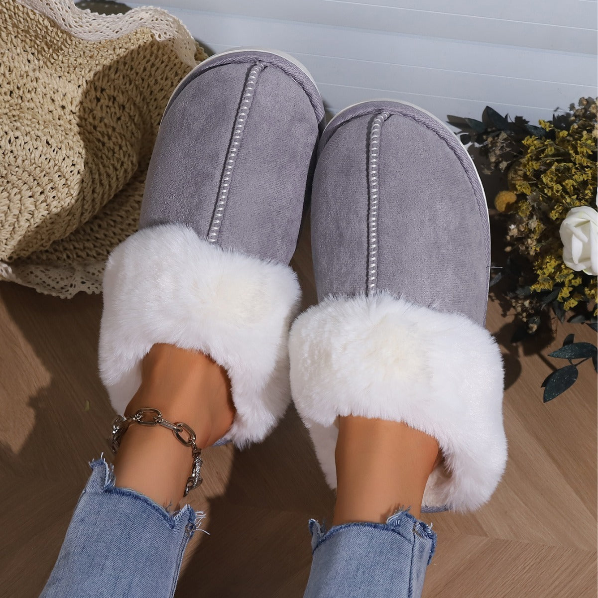 Fleece-lined Cotton Slippers – Autumn Winter Indoor Home Warm Fur Toe Cap Shoes