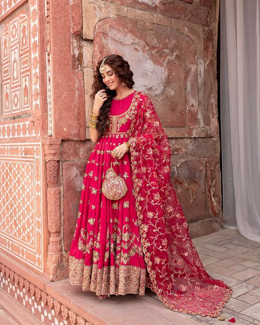 Anarkali Gown with Sequins, Zari & Thread Embroidery – Elegant Bridal Dupatta Set, Heavy Designer Ethnic Wear