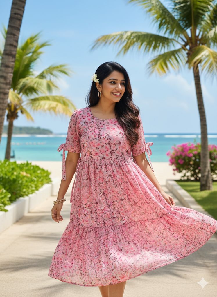 Vacation Special Floral Pleated Maxi Dress – Elegant Garden Print Fox Georgette Long Gown