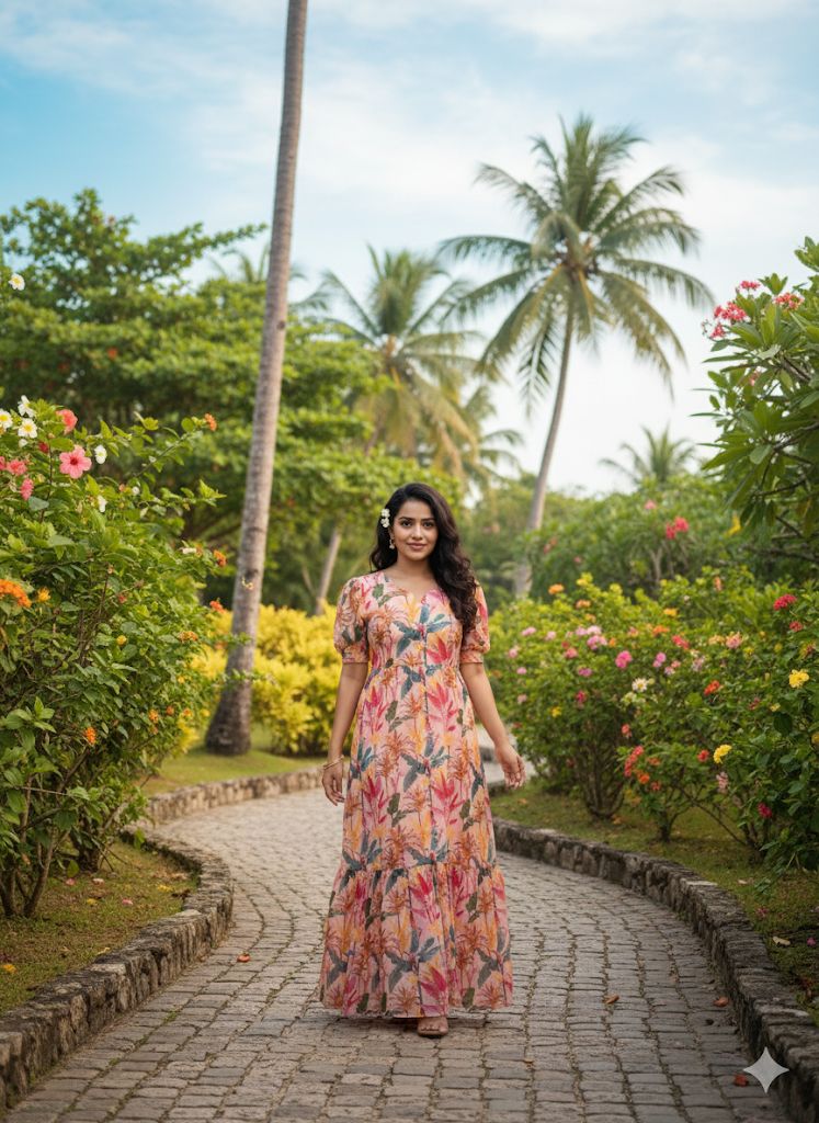 Vacation Special Floral Pleated Maxi Dress – Elegant Garden Print Fox Georgette Long Gown