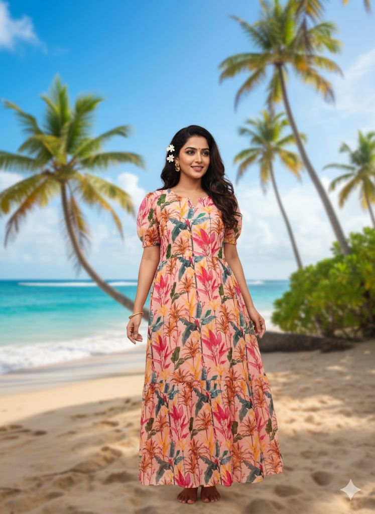 Vacation Special Floral Pleated Maxi Dress – Elegant Garden Print Fox Georgette Long Gown