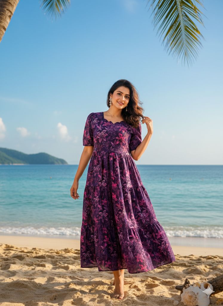 Vacation Special Floral Pleated Maxi Dress – Elegant Garden Print Fox Georgette Long Gown