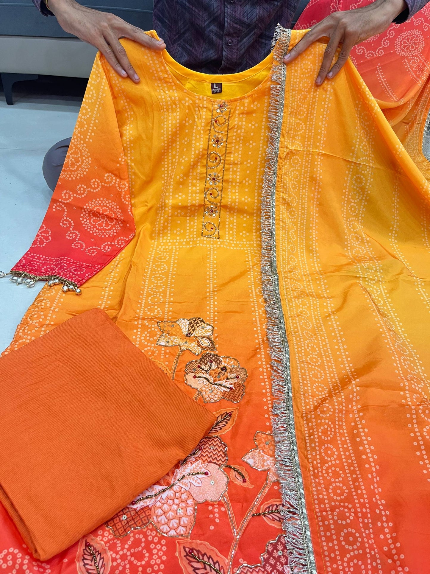 Premium Pure Softy Chinon Silk Kurti Set with Aari & Hand Work – 3-Piece Festive Wear