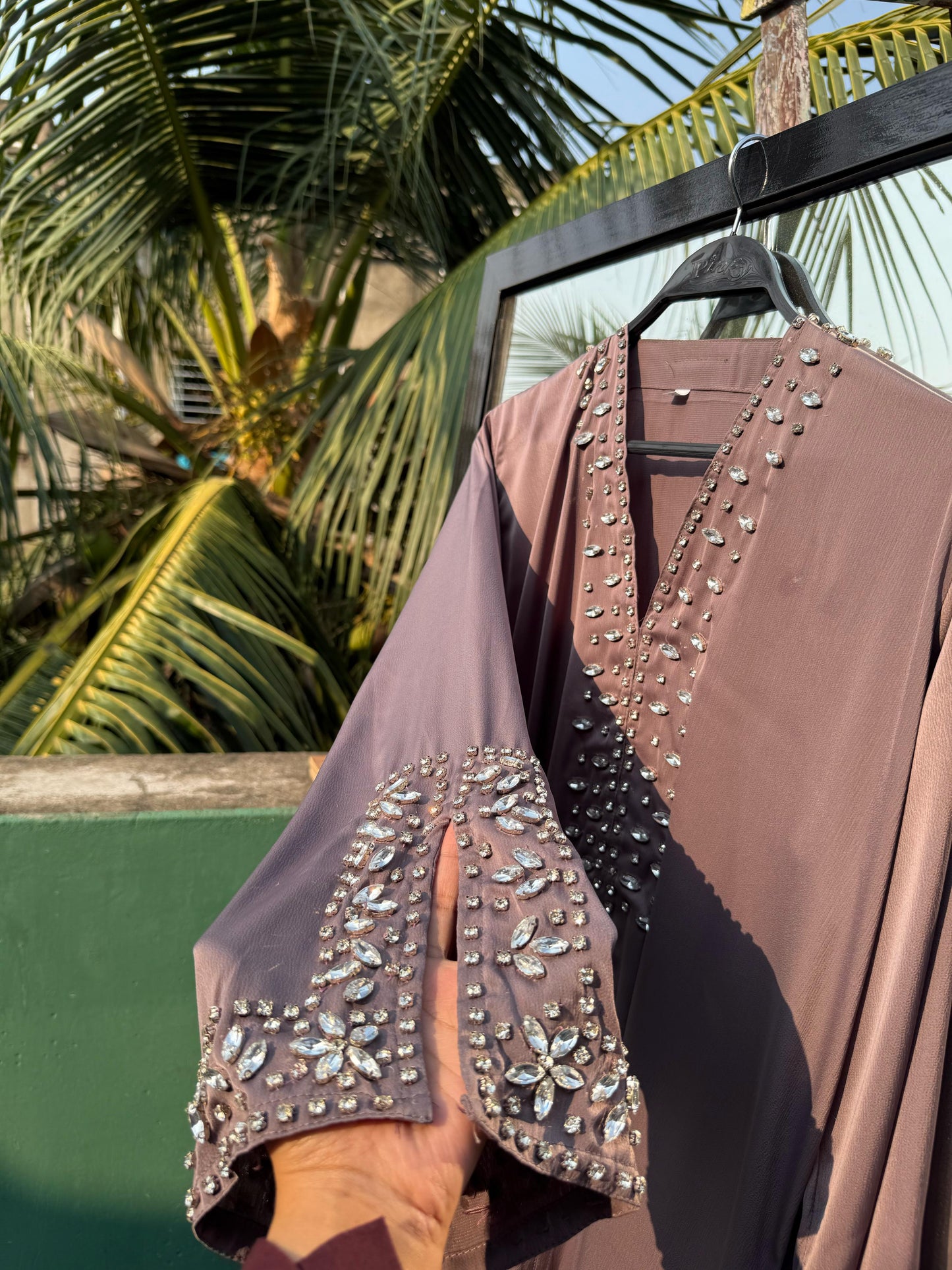 Traditional Abaya for Women – Satin Fabric with Handcrafted Stone Work – Free Black Stole