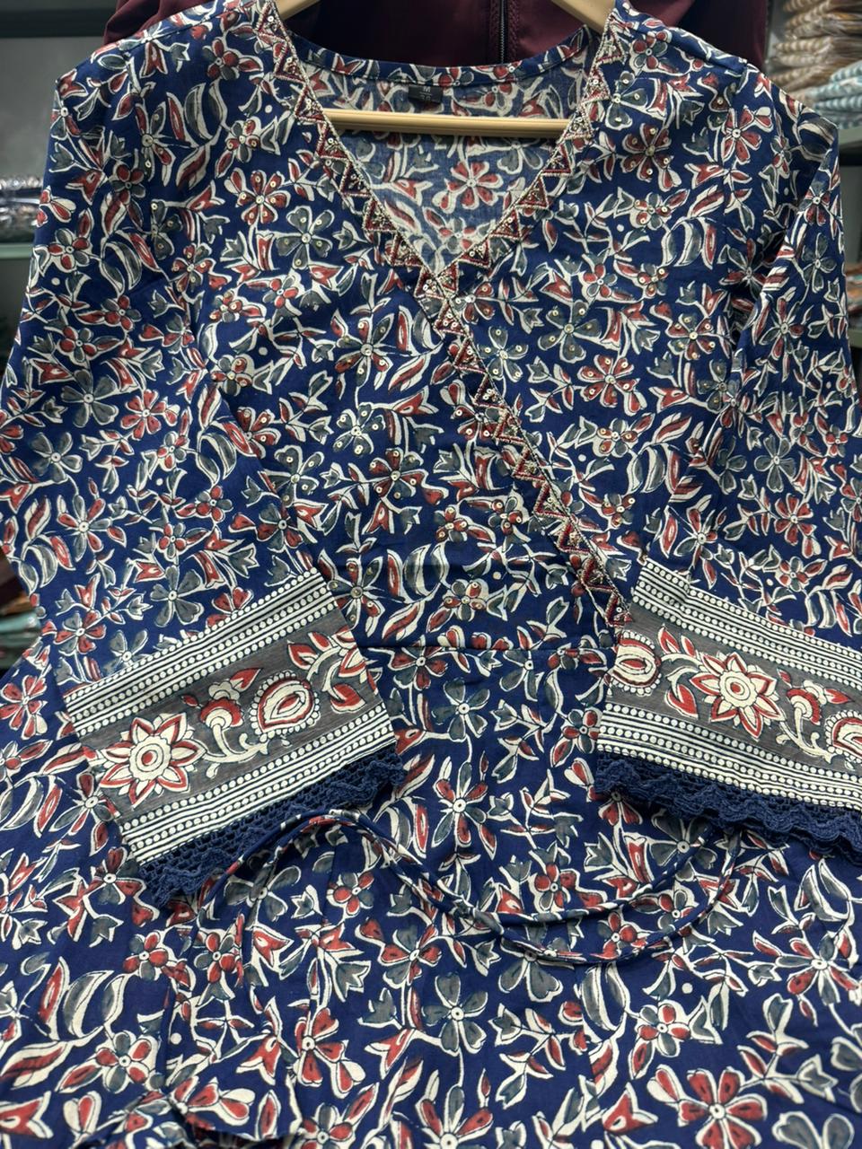 New Arrival Angrakha Kurta Set – Sanganeri Print with Elegant Embroidery | Cotton Traditional Wear  [We have only L-Size]