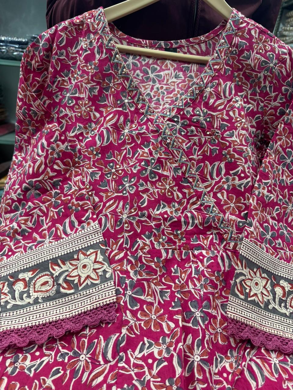 New Arrival Angrakha Kurta Set – Sanganeri Print with Elegant Embroidery | Cotton Traditional Wear  [We have only L-Size]