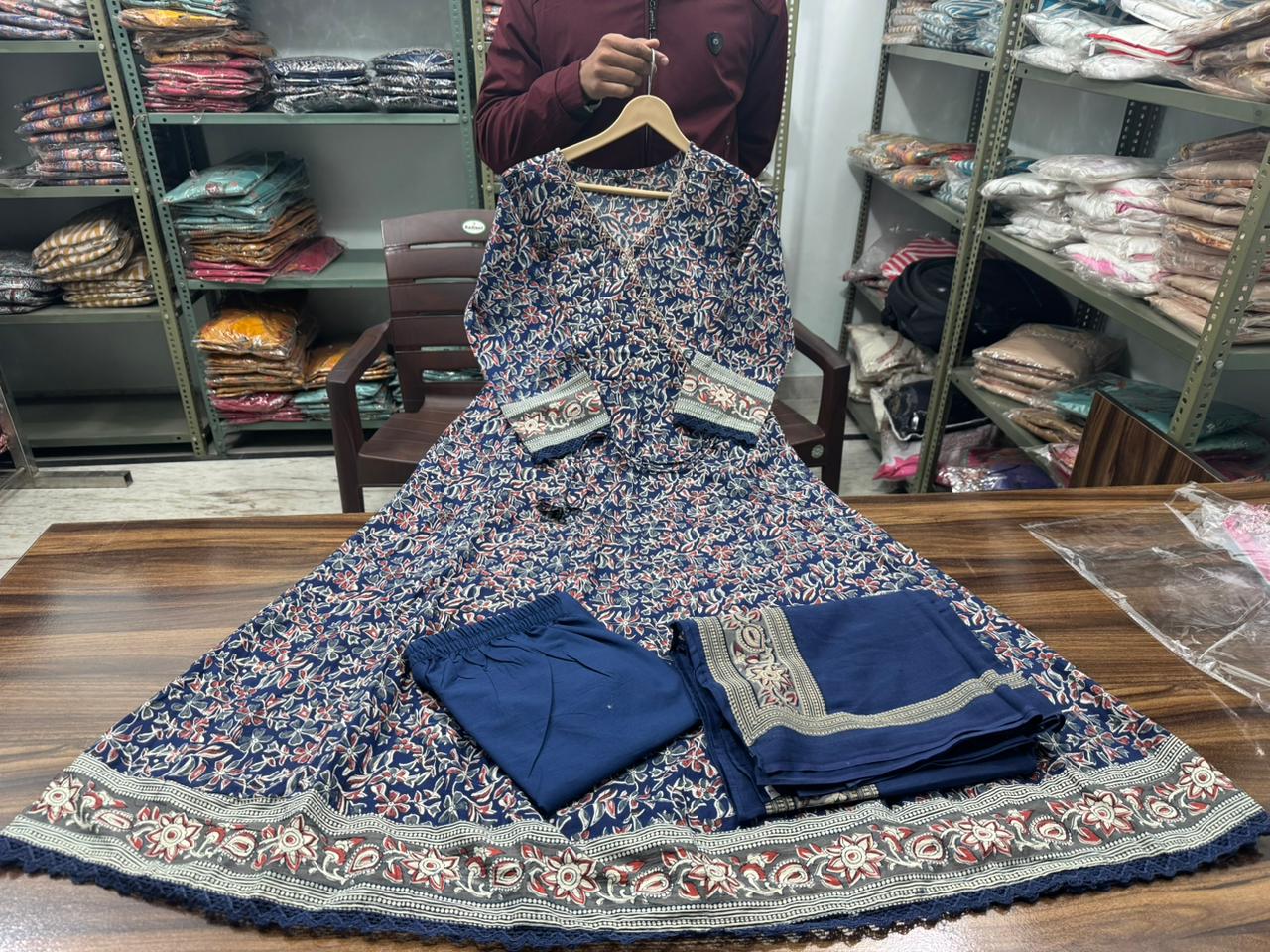 New Arrival Angrakha Kurta Set – Sanganeri Print with Elegant Embroidery | Cotton Traditional Wear  [We have only L-Size]