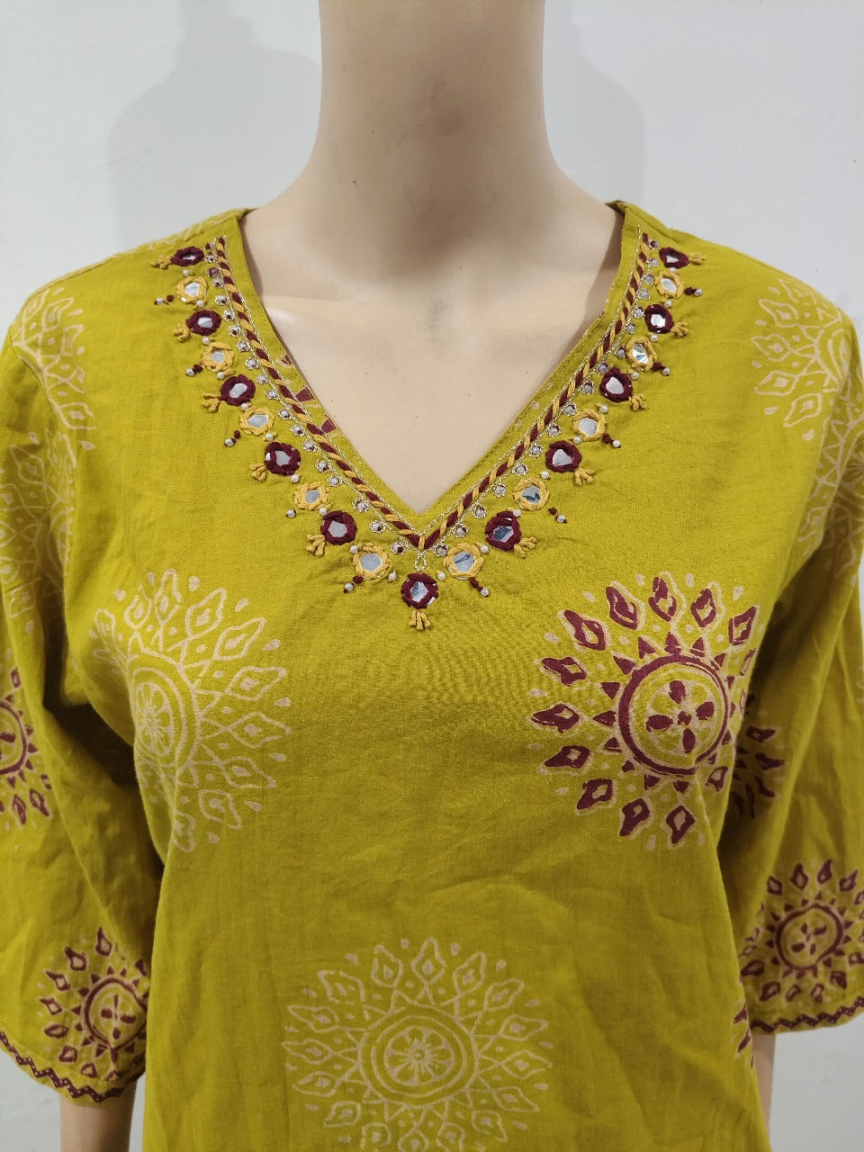 Mehandi Printed Cotton Kurta Set with Zardozi Handwork – Festive Wear for Navratri & Diwali  [We have only M-Size]