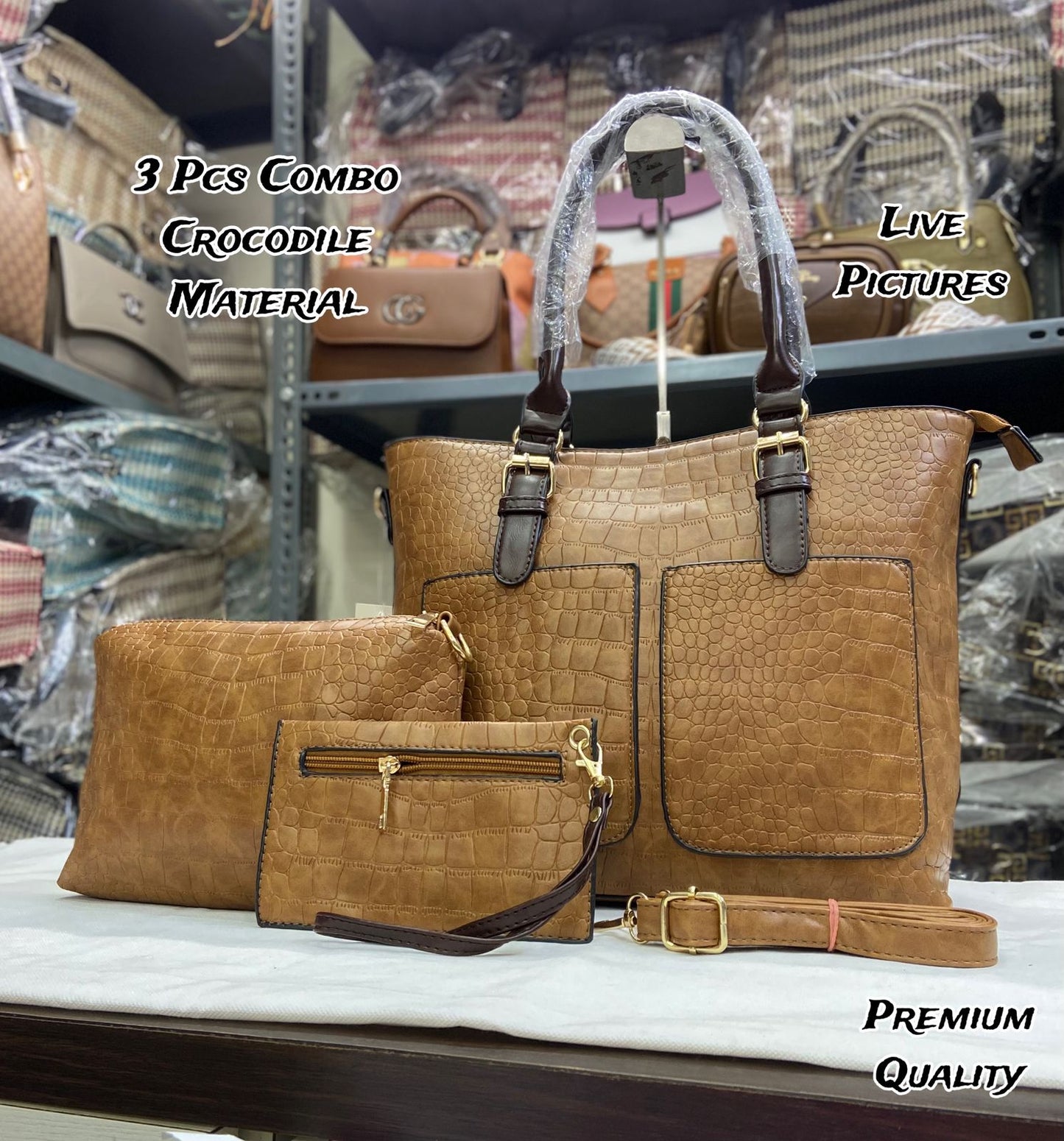 Imported 3 PCS Crocodile Texture Combo Set – Tote, Sling & Cash Pouch | Premium Quality Bags for Women