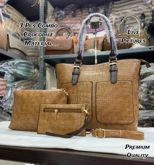 Imported 3 PCS Crocodile Texture Combo Set – Tote, Sling & Cash Pouch | Premium Quality Bags for Women