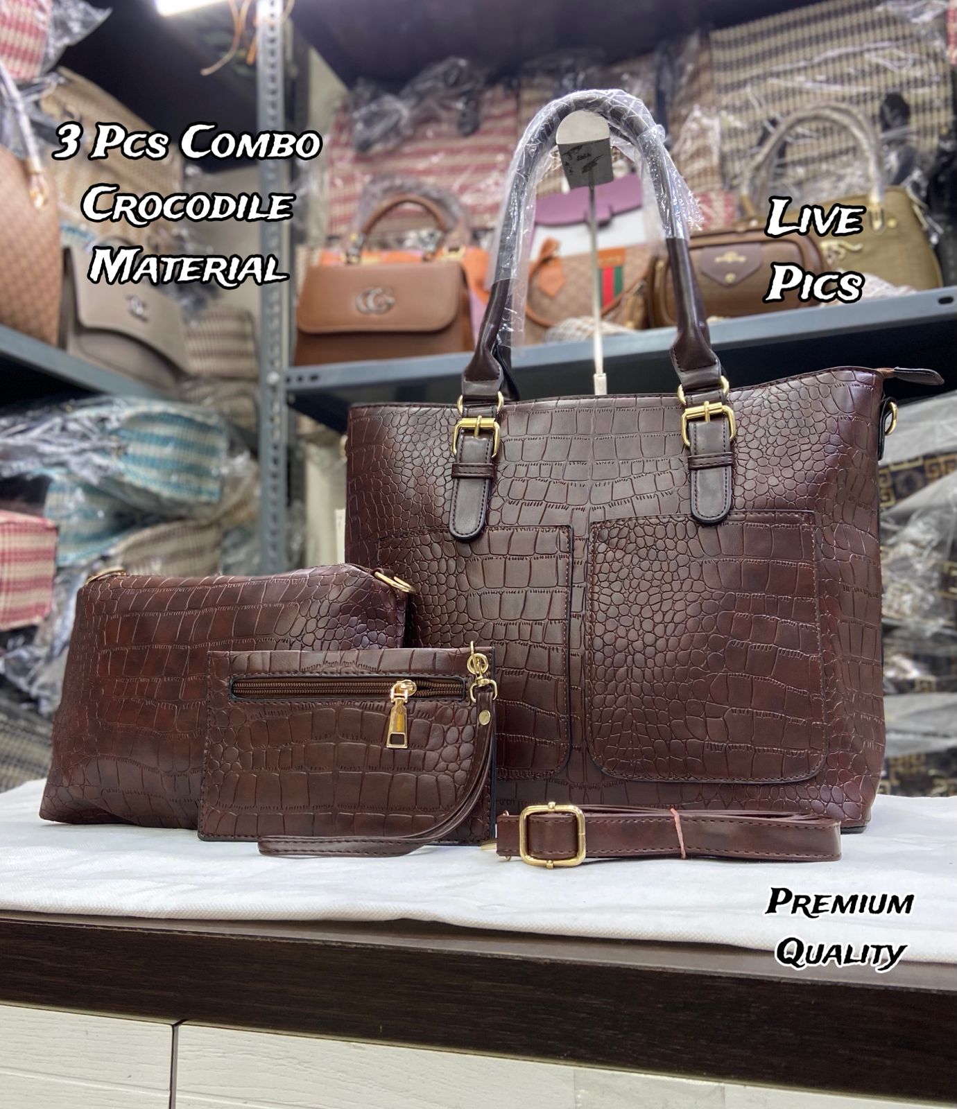 Imported 3 PCS Crocodile Texture Combo Set – Tote, Sling & Cash Pouch | Premium Quality Bags for Women