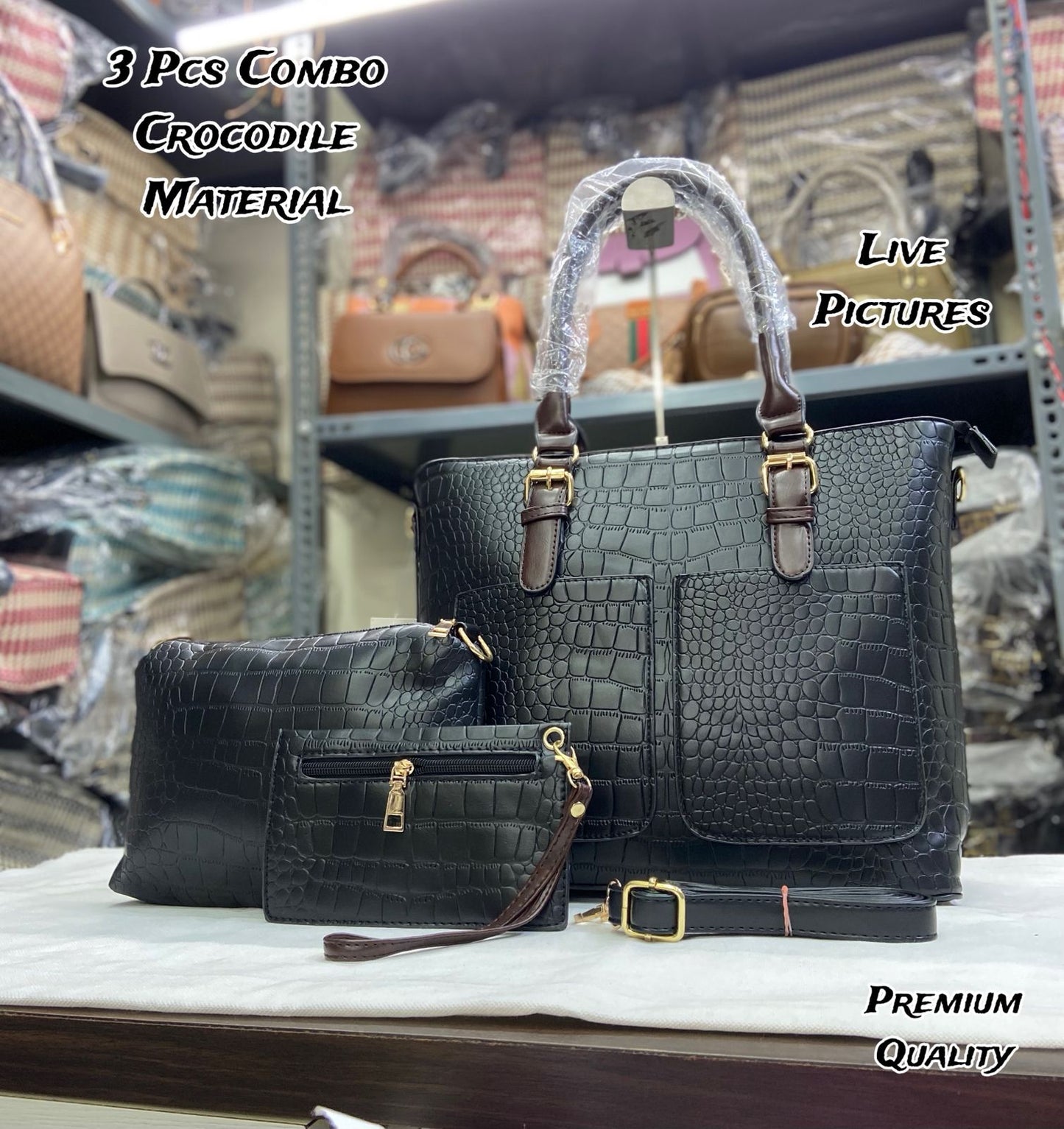 Imported 3 PCS Crocodile Texture Combo Set – Tote, Sling & Cash Pouch | Premium Quality Bags for Women
