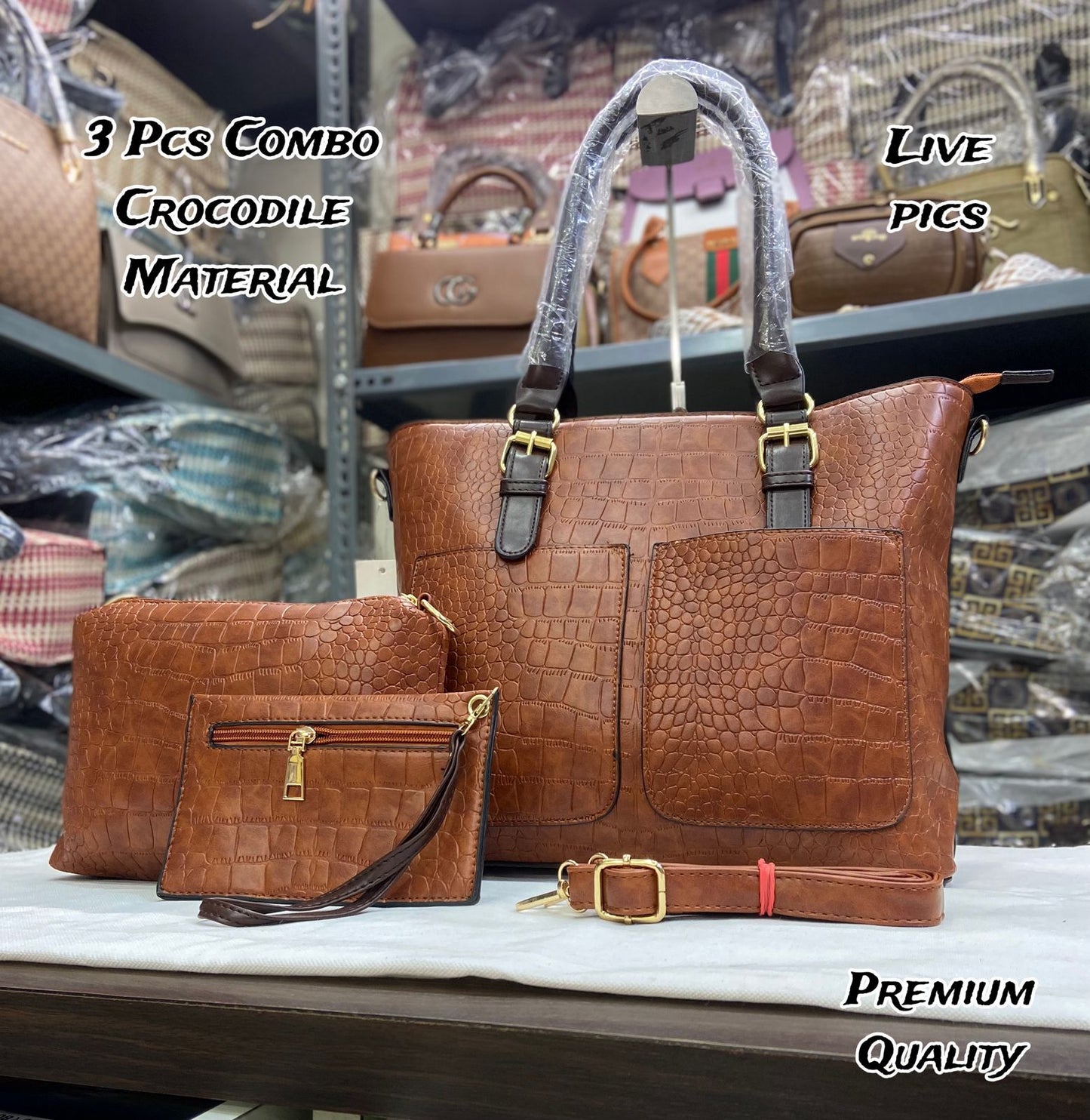Imported 3 PCS Crocodile Texture Combo Set – Tote, Sling & Cash Pouch | Premium Quality Bags for Women