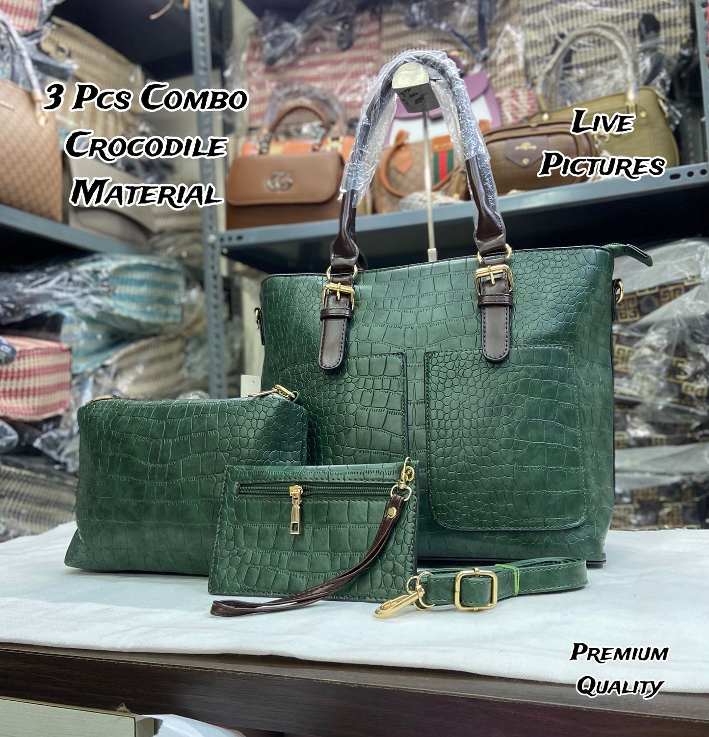 Imported 3 PCS Crocodile Texture Combo Set – Tote, Sling & Cash Pouch | Premium Quality Bags for Women