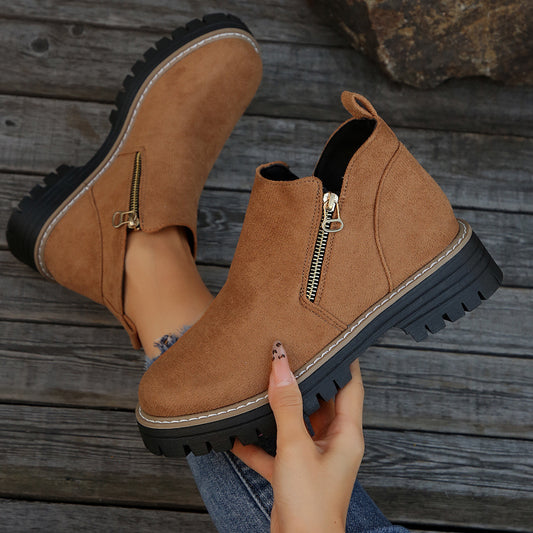 Women’s Suede Ankle Boots – Side Zipper Chunky Heel, Autumn Winter Fashion Outdoor Warm Booties