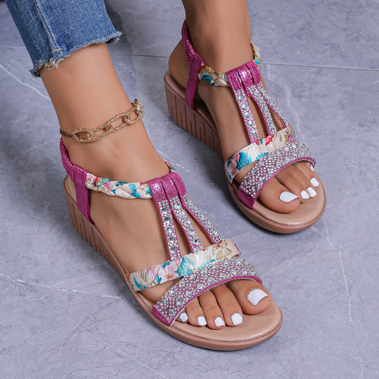 Bohemian Wedge Peep Toe Sandals – Women’s Fashion Slip-on Elastic Summer Shoes