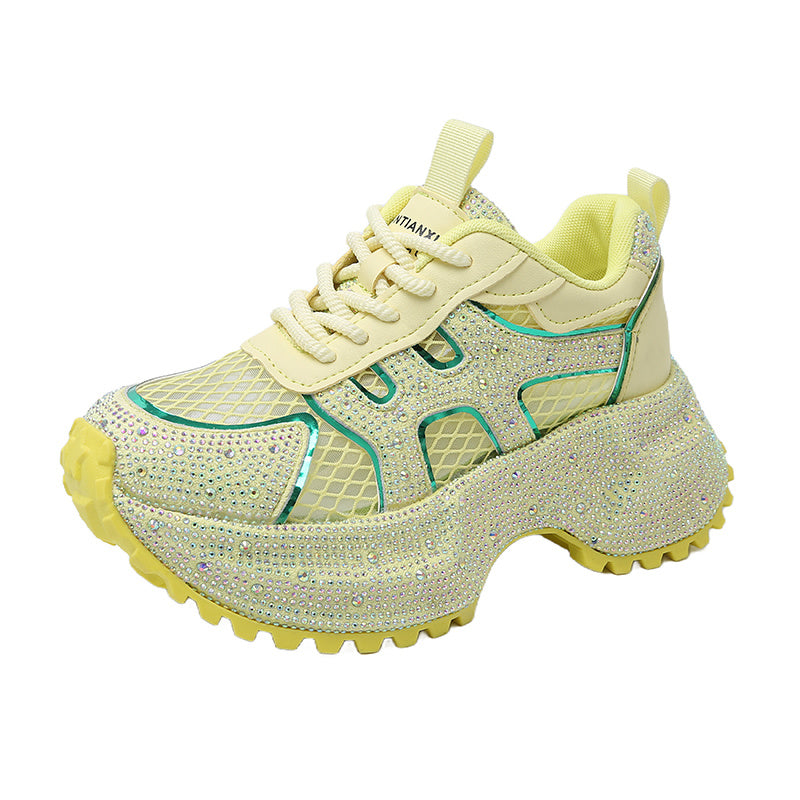 TIANXIU Women’s Chunky Platform Sneakers – Yellow Glitter Sneakers with Rhinestone Accents, Green Trim & Thick White Sole