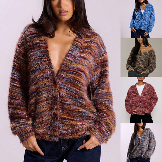 Women’s Winter Stripe Knitted Sweater – Button-Up Cropped V-Neck Cardigan, Long Sleeve Fashion Top