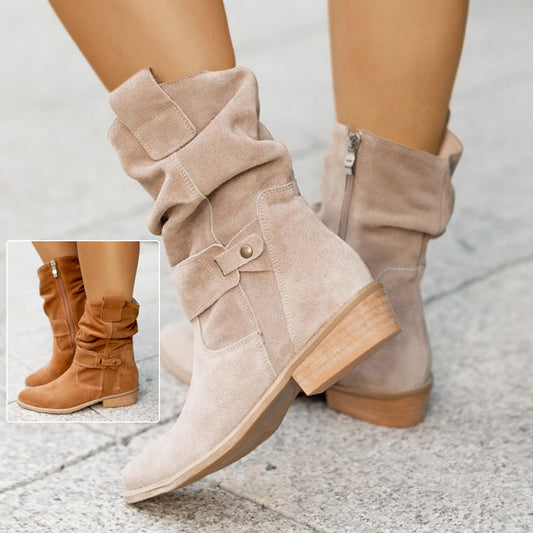 Ins Pointed Toe Mid-Calf Suede Zipper Western Boots – Fashion Winter Shoes for Women
