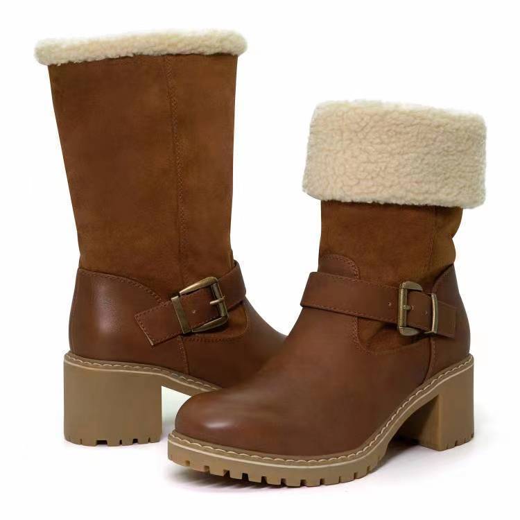 Women’s Western Buckle Fashion Boots – Chunky Heel Warm Winter Round Toe Ankle Boots
