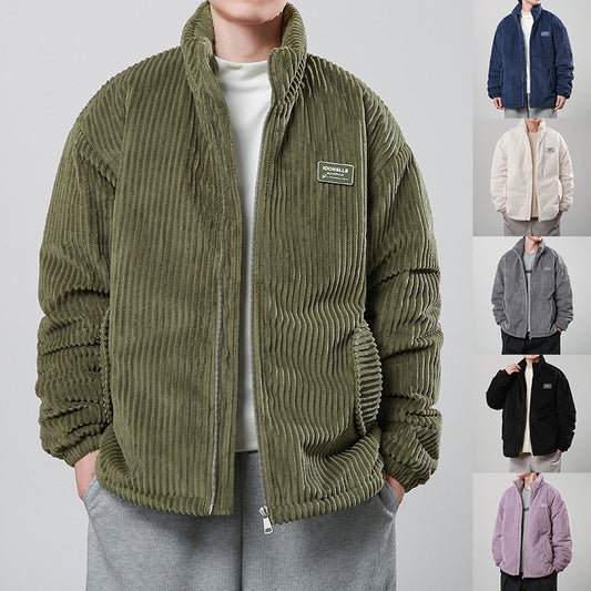 Unisex Corduroy Cotton-Padded Winter Coat – Warm Stand Collar Zipper Jacket, Casual Outdoor Streetwear, Comfortable Thick Long Sleeve Outerwear
