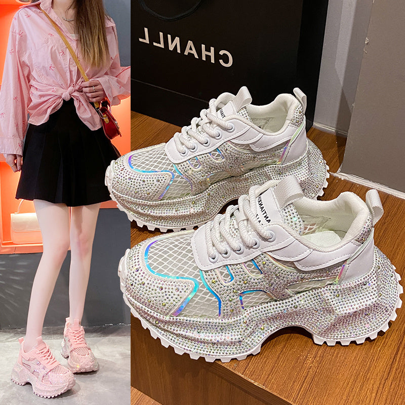 TIANXIU Women’s Chunky Platform Sneakers – Yellow Glitter Sneakers with Rhinestone Accents, Green Trim & Thick White Sole