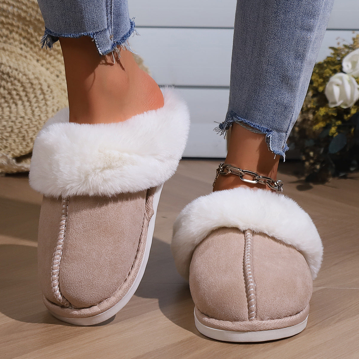 Fleece-lined Cotton Slippers – Autumn Winter Indoor Home Warm Fur Toe Cap Shoes