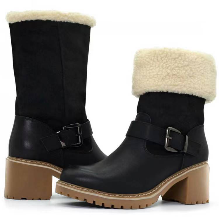 Women’s Western Buckle Fashion Boots – Chunky Heel Warm Winter Round Toe Ankle Boots