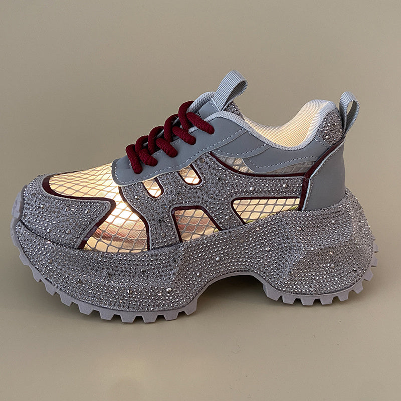 TIANXIU Women’s Chunky Platform Sneakers – Yellow Glitter Sneakers with Rhinestone Accents, Green Trim & Thick White Sole